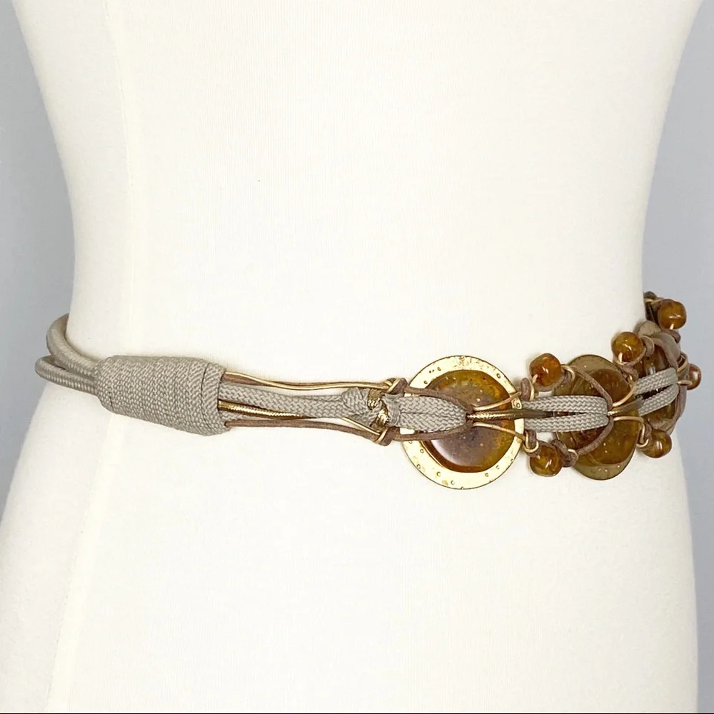 Gold-Plated Taupe Chunky Cord Belt With Glass Beading